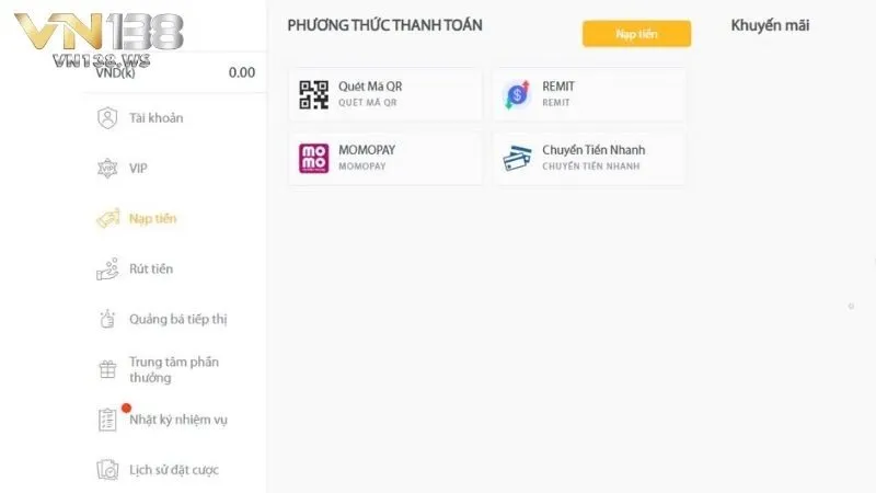 Hướng dẫn 4 phương thức nạp tiền VN138 phổ biến