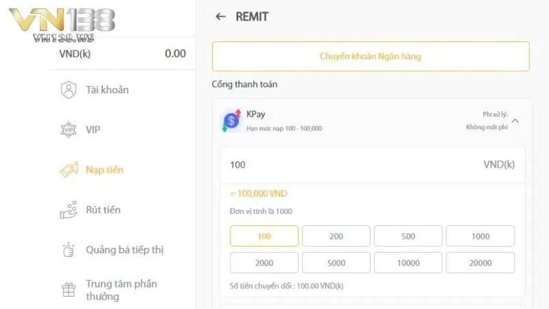 Nạp tiền VN138 thông qua REMIT